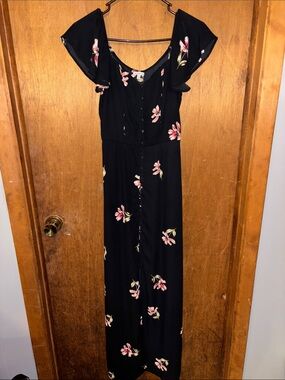 Black Floral Maxi Dress with Pink Blossoms
